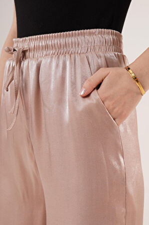 Reka Moda Parlak Görünümlü Cepli Bej Bol Paça Pantolon