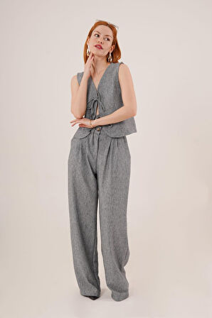 Reka Moda Ön Bağlama Detaylı Yelek Ve Pantolon Antrasit İkili Takım