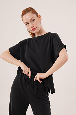 Reka Moda Modal Kısa Kollu Üst Ve Geniş Paça Eşofman İkili Siyah Takım