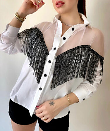 Reka Moda Kadın Püskül Detay Poplin Gömlek Bluz Fırsat Ürün