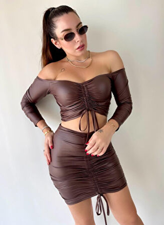 Reka Moda Kadın Büzgülü Deri Etek Takım Fırsat Ürün