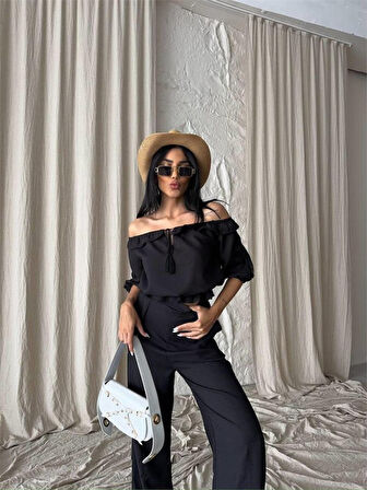 Reka Moda KETEN MADONNA YAKA KOL HASIR ŞERİT - PANTOLON TAKIM - Siyah