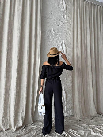 Reka Moda KETEN MADONNA YAKA KOL HASIR ŞERİT - PANTOLON TAKIM - Siyah