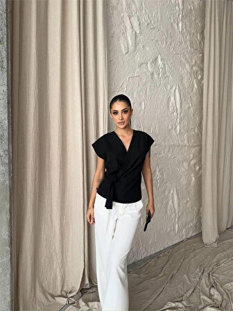 Reka Moda YANDAN BAĞLAMA DETAYLI KOLSUZ BLUZ - Siyah