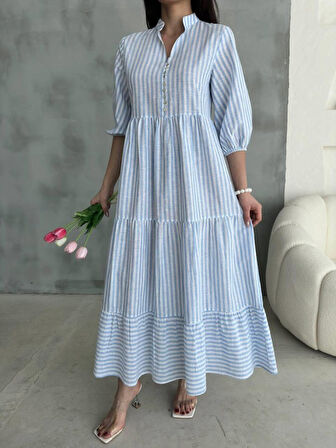 Reka Moda ÇİZGİLİ KETEN HAKİM YAKA DÜĞMELİ SALAŞ ELBİSE - Mavi
