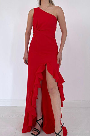 Reka Moda Kırmızı Yırtmaçlı Volanlı Elbise
