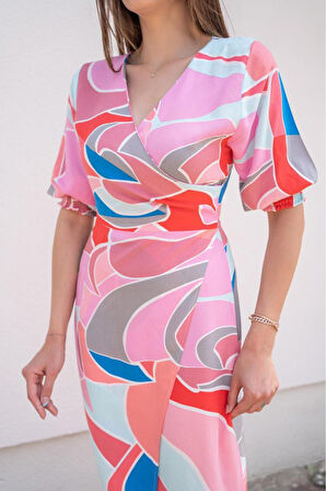 Reka Moda Fuşya Desenli Yırtmaçlı Elbise