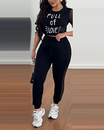 Reka Moda Kadın Kısa Kollu Bisiklet Yaka File Detaylı Viskon Iki Iplik Krop Ve Eşofman Altı Ikili Takım