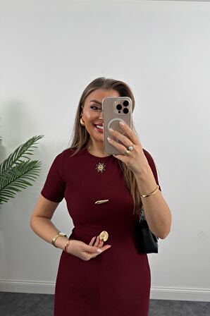 Reka Moda Kadın Ottoman Kumaş Likralı Düğme Tasarımlı Kısa Kol Kalem Elbise