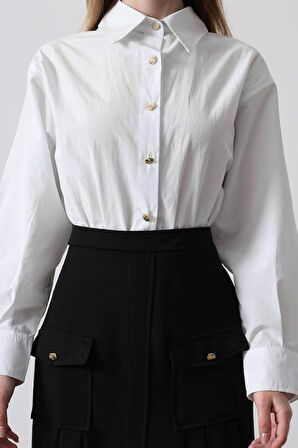 Reka Moda Pileli Kontrast Gömlek Elbise - Beyaz