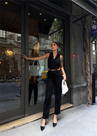 Reka Moda KETEN DUBLE PAÇA DERİ TABA KEMERLİ PANTOLON - Siyah