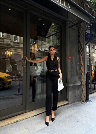 Reka Moda KETEN DUBLE PAÇA DERİ TABA KEMERLİ PANTOLON - Siyah