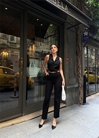 Reka Moda KETEN DUBLE PAÇA DERİ TABA KEMERLİ PANTOLON - Siyah