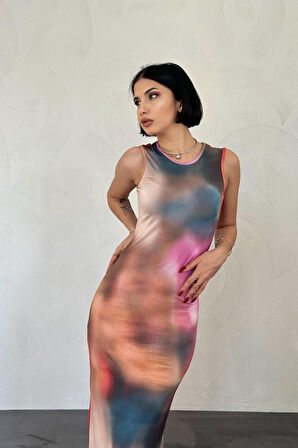 Reka Moda Bej Batik Desenli Elbise