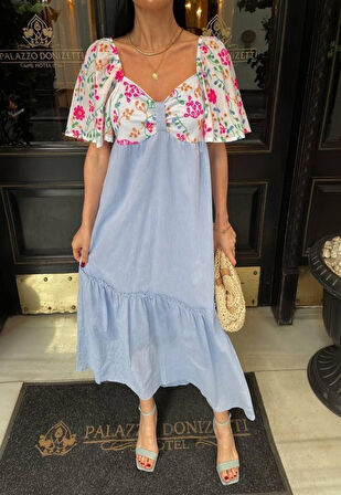 Reka Moda RENKLİ NAKIŞ DESENLİ ELBİSE - Mavi