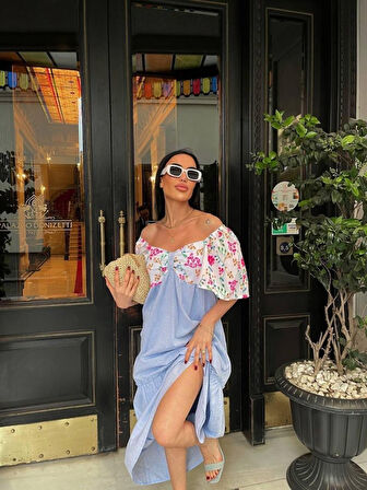 Reka Moda RENKLİ NAKIŞ DESENLİ ELBİSE - Mavi