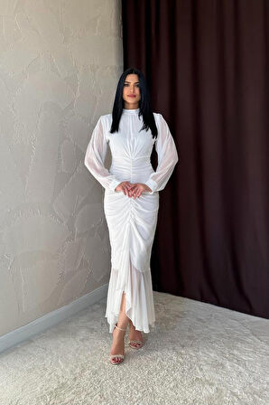 Reka Moda Beyaz Önü Büzgülü Şifon Elbise