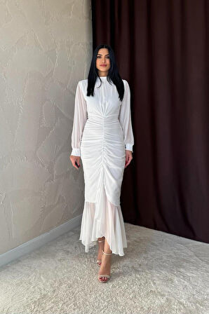 Reka Moda Beyaz Önü Büzgülü Şifon Elbise