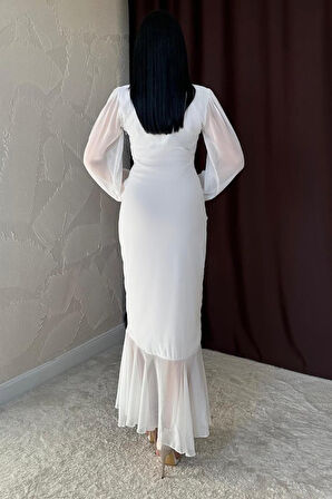 Reka Moda Beyaz Önü Büzgülü Şifon Elbise