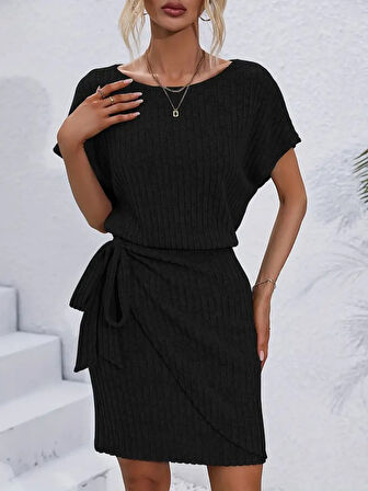 Reka Moda Kadın Kısa Kollu Yakası Açık Belden Lastikli Yandan Bağlamalı Kalın Fitilli Kaşkorse Elbise