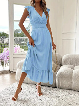 Reka Moda Kadın Kısa Kollu Kruvaze Yakalı Beli Lastikli Müslim Elbise