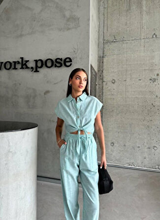 Reka Moda ÇİZGİLİ KETEN KOLSUZ CROP PANTOLON TAKIM - Yeşil