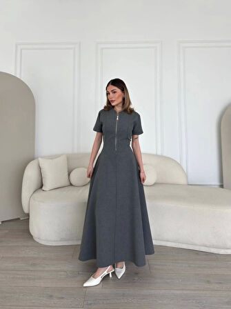 Reka Moda Kısa Kollu Önden Fermuarlı Çan Etekli Uzun Elbise - Antrasit