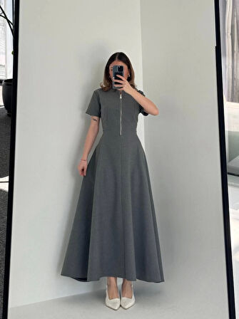 Reka Moda Kısa Kollu Önden Fermuarlı Çan Etekli Uzun Elbise - Antrasit