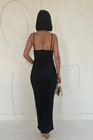 Reka Moda Siyah Piliseli Halter Boyun Elbise