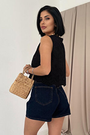 Reka Moda Siyah Sıfır Kol Brode Bluz