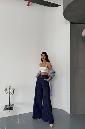 Reka Moda SALAŞ ÖNDEN YIRTMAÇ DETAYLI BEL KEMERLİ PANTOLON - Lacivert