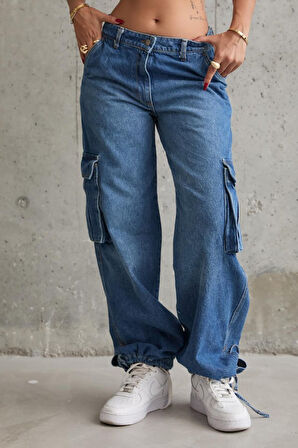 Reka Moda Mavi Yan Cepli Jeans Pantolon