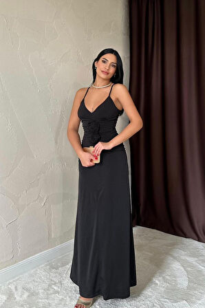 Reka Moda Siyah Büzgülü Uzun Güllü Elbise