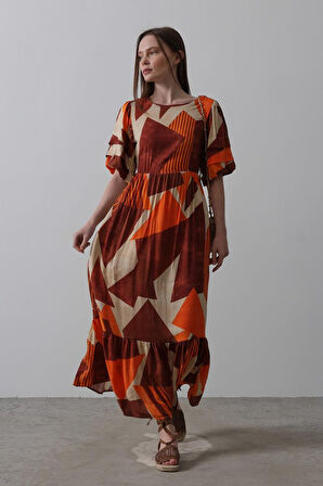 Reka Moda Desenli Balon Kol Kloş Elbise - Kahve