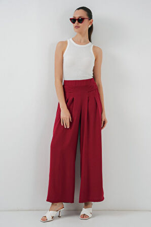 Reka Moda Geniş Paça Pileli Pantolon 6718 - Kırmızı