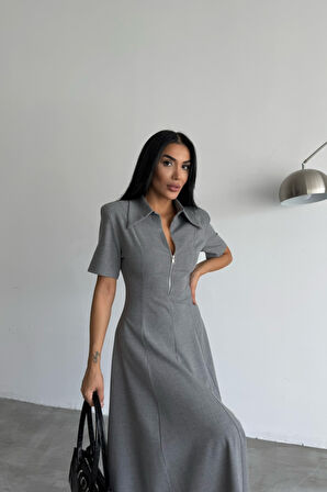 Reka Moda POLYVİSKON ELBİSE KISA KOL YAKA VE FERMUAR DETAYLI - Gri