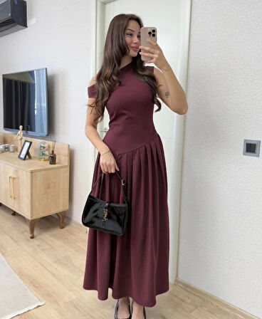 Reka Moda Asimetrik Düşük Yaka Kolsuz Uzun Elbise - Bordo
