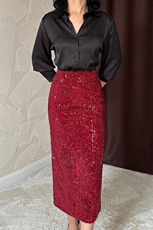 Reka Moda Bordo Pulpayetli Parlak Etek