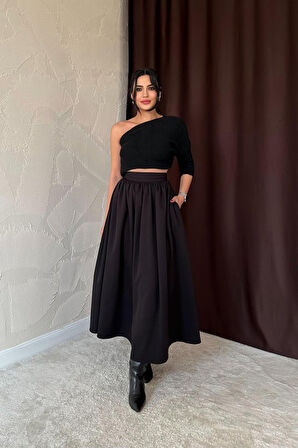 Reka Moda Siyah Beli Büzgülü Etek