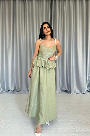 Reka Moda Yeşil Beli Büzgülü İnci Askılı Uzun Elbise