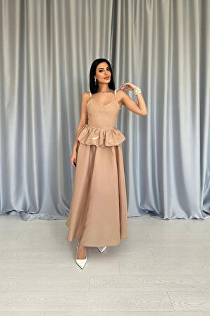 Reka Moda Camel Beli Büzgülü İnci Askılı Uzun Elbise