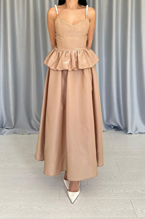 Reka Moda Camel Beli Büzgülü İnci Askılı Uzun Elbise