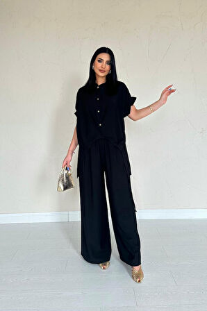 Reka Moda Siyah Önü Pileli İkili Keten Takım