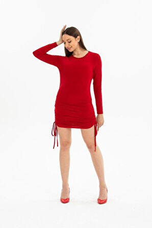 Reka Moda Kadın Uzun Kol Büzgü Detaylı Sandy Kumaş Ayarlanabilir Boy Fırsat Ürün Elbise