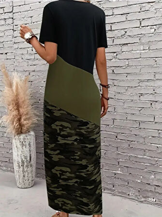 Reka Moda Kadın Kısa Kollu Bisiklet Yaka çok Renkli Maksi Viskon Elbise