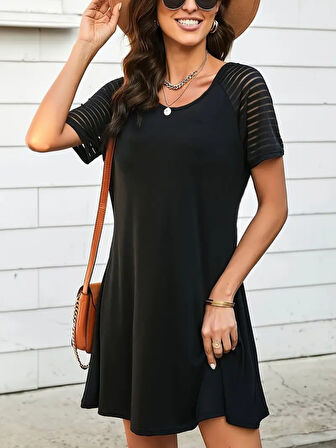 Reka Moda Kadın Kısa Kollu Yuvarlak Yaka şerit Kol Detaylı Viskon Elbise