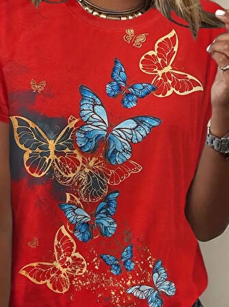 Reka Moda Kadın Kısa Kollu Mavi Sarı Kelebek Baskı Süprem Bluz