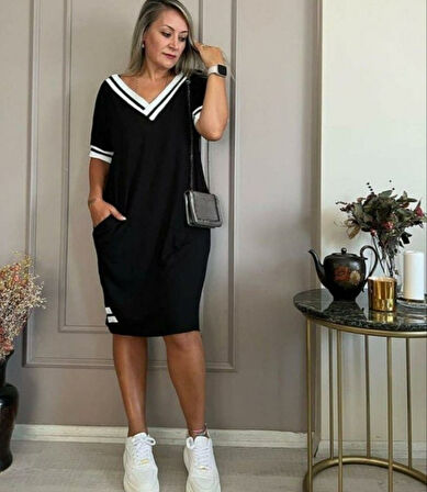 Reka Moda Kadın Kısa Kollu V Yaka Ribana Detaylı Cepli Dizüstü Viskon Elbise