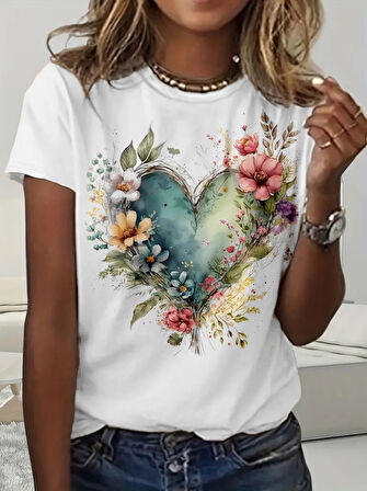 Reka Moda Kadın Kısa Kollu Bisiklet Yaka Kalp Desenli Süprem Bluz