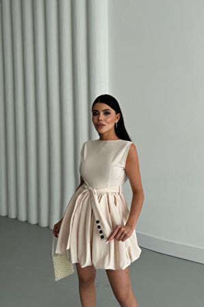 Reka Moda BALON ETEKLİ TASARIM KISA ELBİSE - Bej